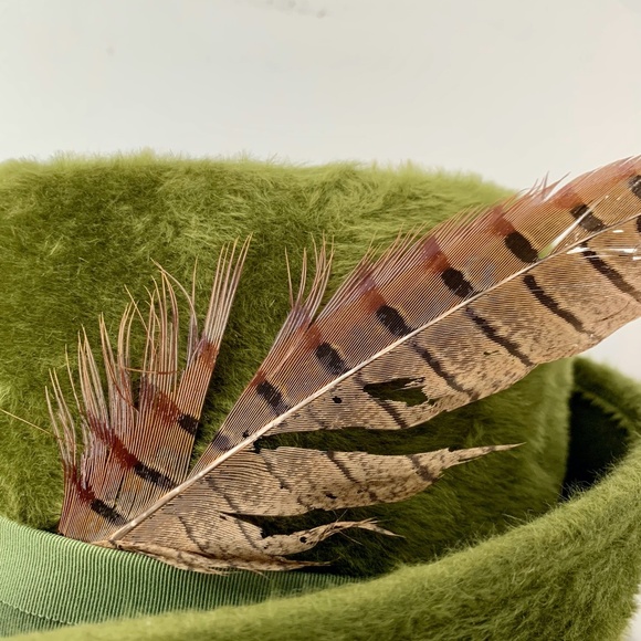 Vintage Original TOBY OF LONDON Hat Green Faux Fur Felt Feather Fedora Style - Picture 6 of 14